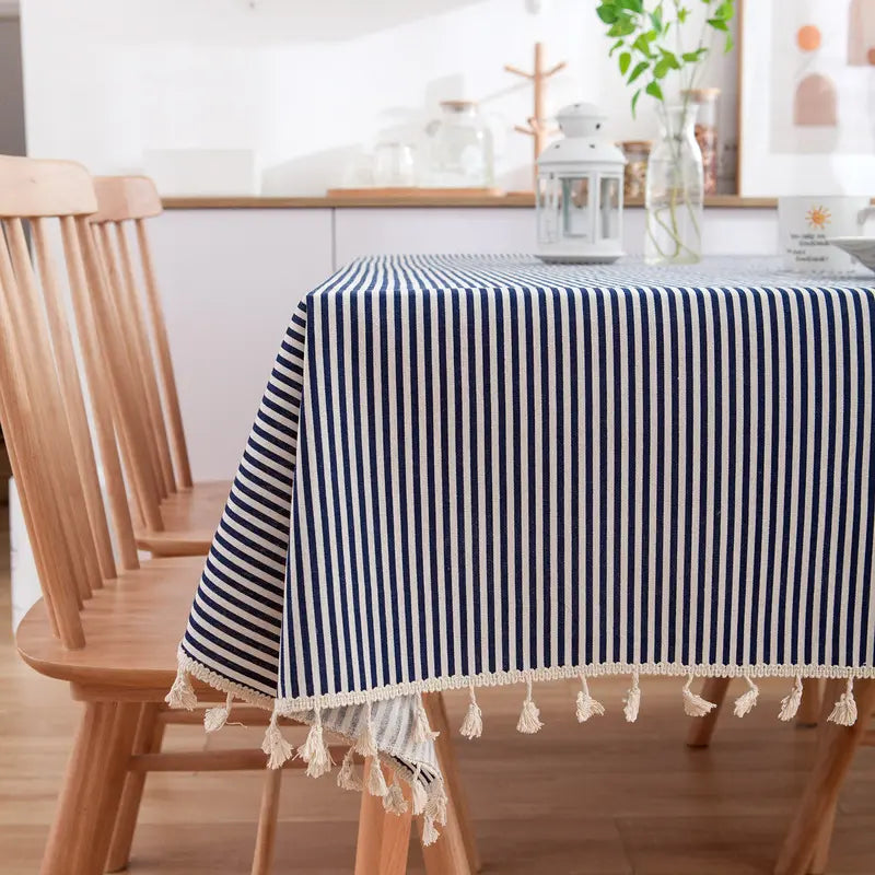 Nordic striped dining tablecloth for picnics and outings, navy blue, fresh and simple, rectangular tablecloth, ins-style coffee table cloth