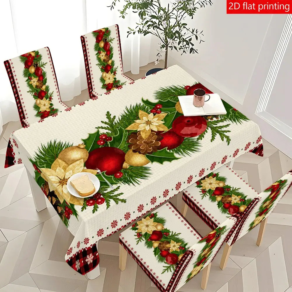 5PCS/7PCS Christmas Pinecone Crimson Tablecloth Chair Cover Set (1 tablecloth+4/6 chair covers) 140*210cm tablecloth, easy to disassemble and wash, suitable for home decoration, Home Party Decorations, camping, weddings, hotels