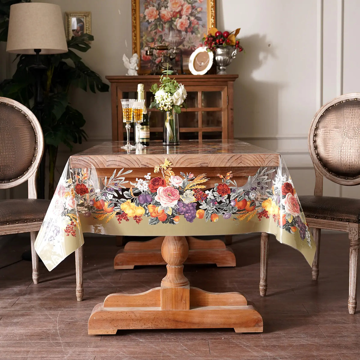Artbloss 1-Piece Decorative Vinyl PVC Rectangle Table Cover Protector, Spill-Safe Synthetic Plastic Tablecloth, Oil-Proof for Dining Room Dining Tables, Party Use with Artificial Flowers Compatibility