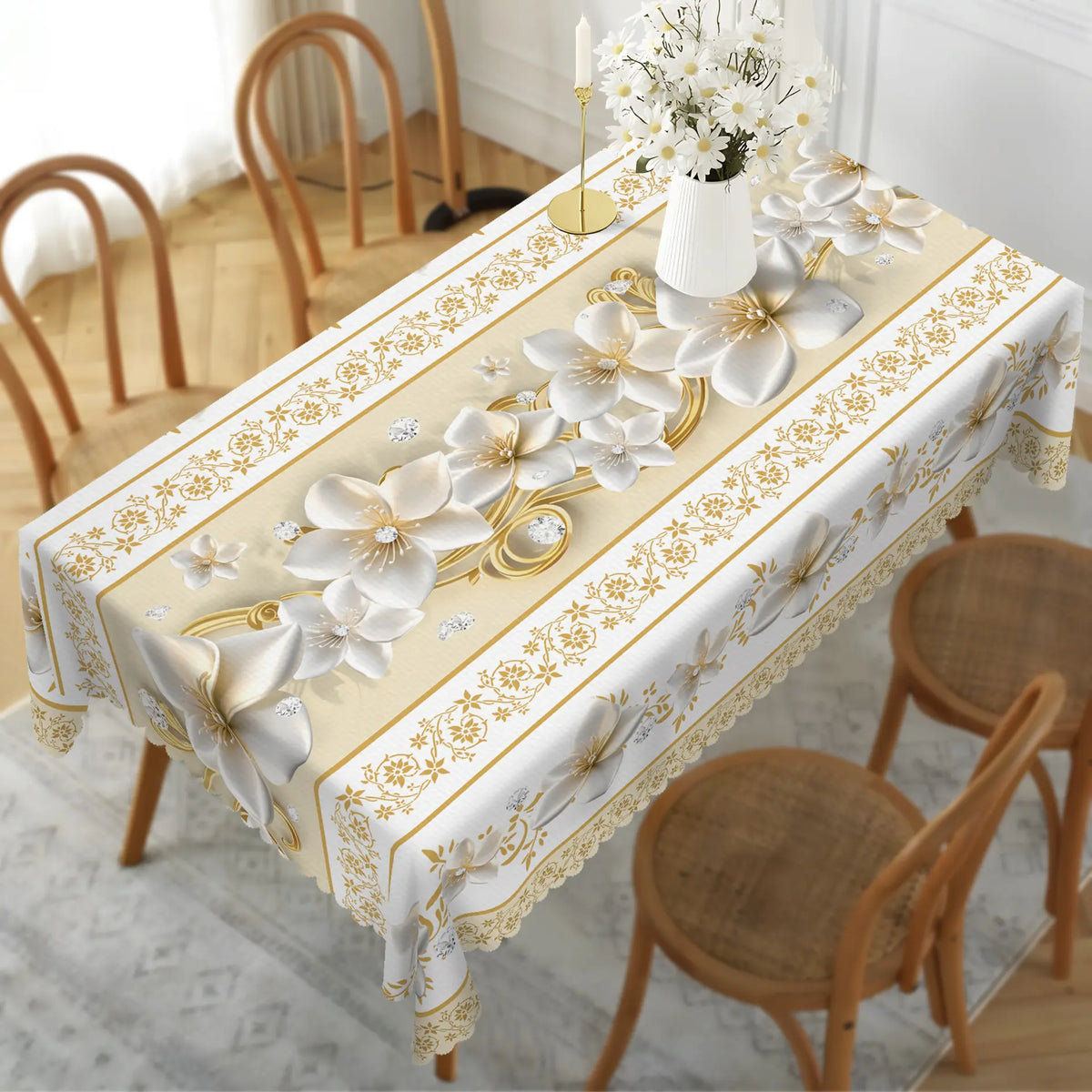 Floral Tablecloth, Elegant Floral Brick And Stone Golden Design, Perfect Spring And Summer Decor, Floral Gift, Ideal for Indoor Outdoor/ Party/ Wedding And Home Decor, Floral Decor, Golden Round/ Rectangular/ Oval Tablecloth