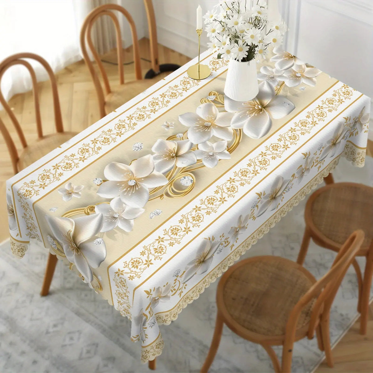 Floral Tablecloth, Elegant Floral Brick And Stone Golden Design, Perfect Spring And Summer Decor, Floral Gift, Ideal for Indoor Outdoor/ Party/ Wedding And Home Decor, Floral Decor, Golden Round/ Rectangular/ Oval Tablecloth