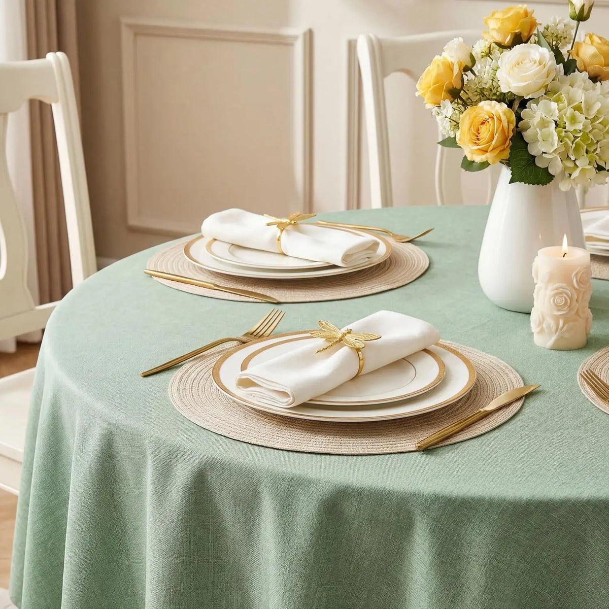 Polyester Rectangle Tablecloth - Sage Green, 60x104 in, Wrinkle-Free, Wipe-Clean, Waterproof, Machine Washable, Solid Textured Dining Cover for Party, Spring Wedding Kitchen Decor