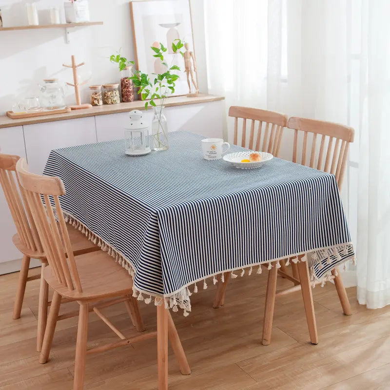 Nordic striped dining tablecloth for picnics and outings, navy blue, fresh and simple, rectangular tablecloth, ins-style coffee table cloth