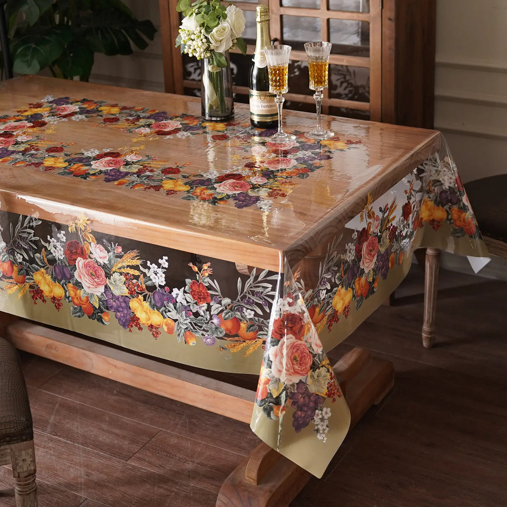 Artbloss 1-Piece Decorative Vinyl PVC Rectangle Table Cover Protector, Spill-Safe Synthetic Plastic Tablecloth, Oil-Proof for Dining Room Dining Tables, Party Use with Artificial Flowers Compatibility