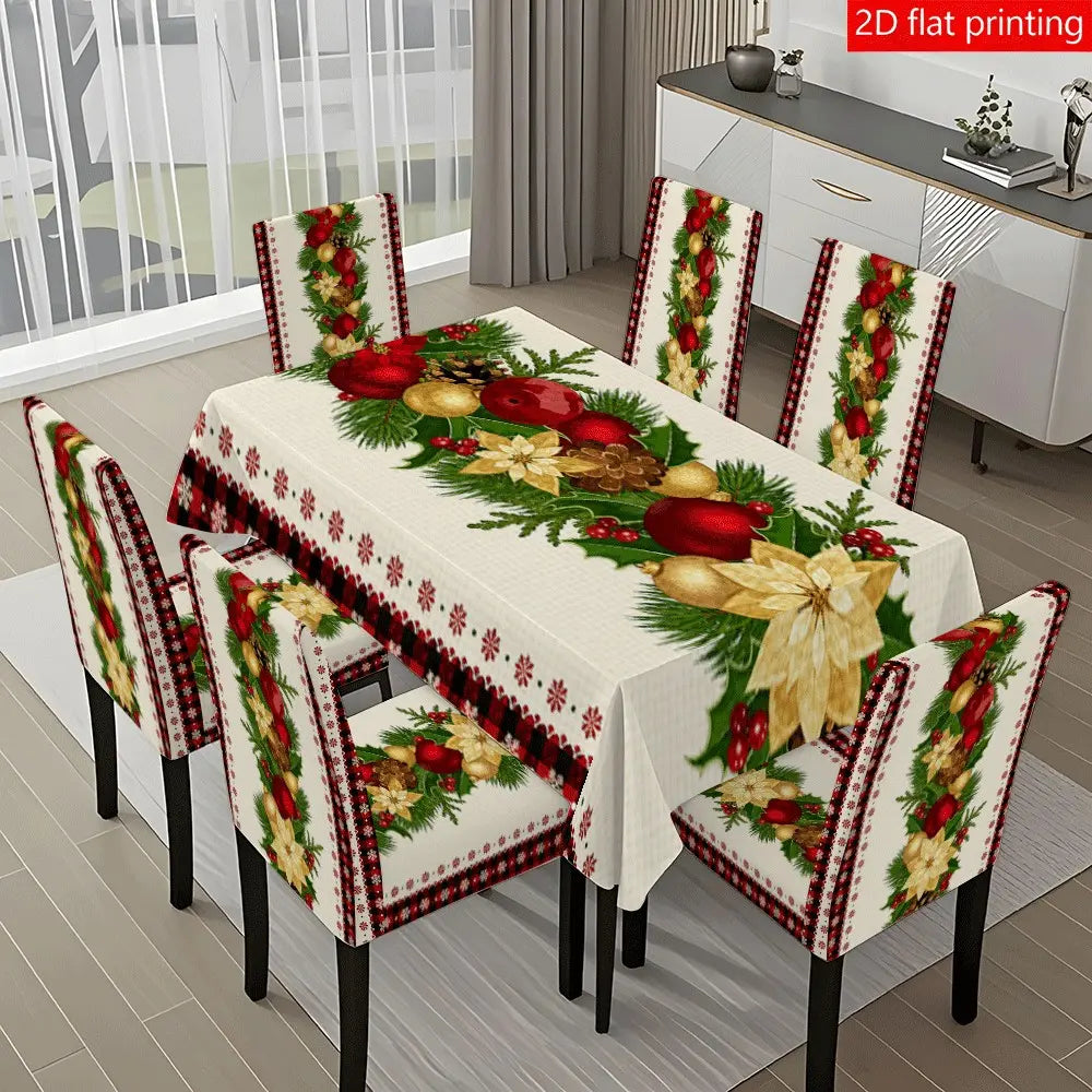 5PCS/7PCS Christmas Pinecone Crimson Tablecloth Chair Cover Set (1 tablecloth+4/6 chair covers) 140*210cm tablecloth, easy to disassemble and wash, suitable for home decoration, Home Party Decorations, camping, weddings, hotels