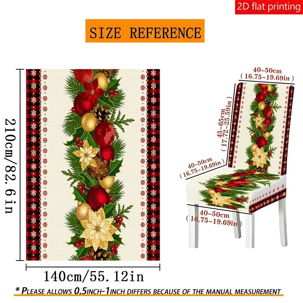 5PCS/7PCS Christmas Pinecone Crimson Tablecloth Chair Cover Set (1 tablecloth+4/6 chair covers) 140*210cm tablecloth, easy to disassemble and wash, suitable for home decoration, Home Party Decorations, camping, weddings, hotels