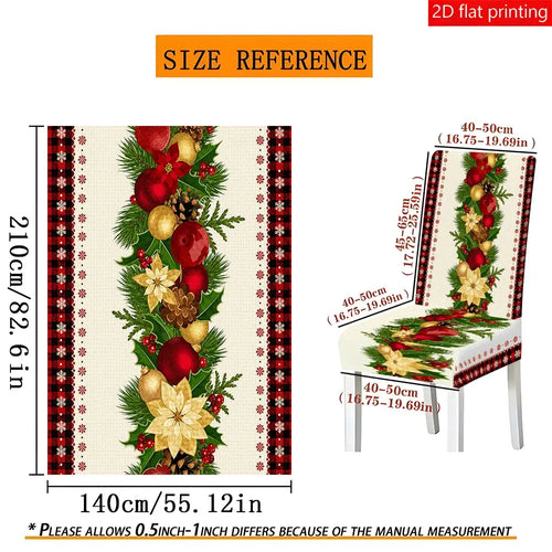 5PCS/7PCS Christmas Pinecone Crimson Tablecloth Chair Cover Set (1 tablecloth+4/6 chair covers) 140*210cm tablecloth, easy to disassemble and wash, suitable for home decoration, Home Party Decorations, camping, weddings, hotels