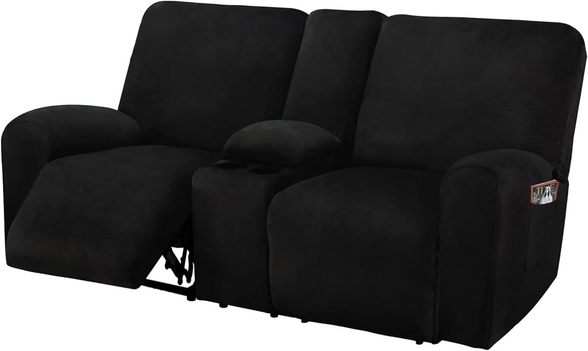 ULTICOR Reclining Loveseat with Middle Console Slipcover, 8-Piece Velvet Stretch Sofa Covers, 2 seat Loveseat Recliner Cover, Thick, Soft, Washable(Dark Grey)