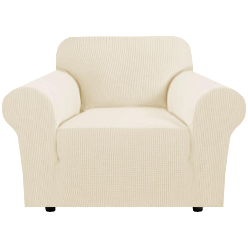 H.VERSAILTEX Stretch Couch Cover Loveseat Covers for 2 Cushion Couch Sofa Slipcover for Love Seat 1 Piece with Elastic Bottom, Checked Jacquard Fabric, Loveseat 58"-70" Wide, Butter Cream