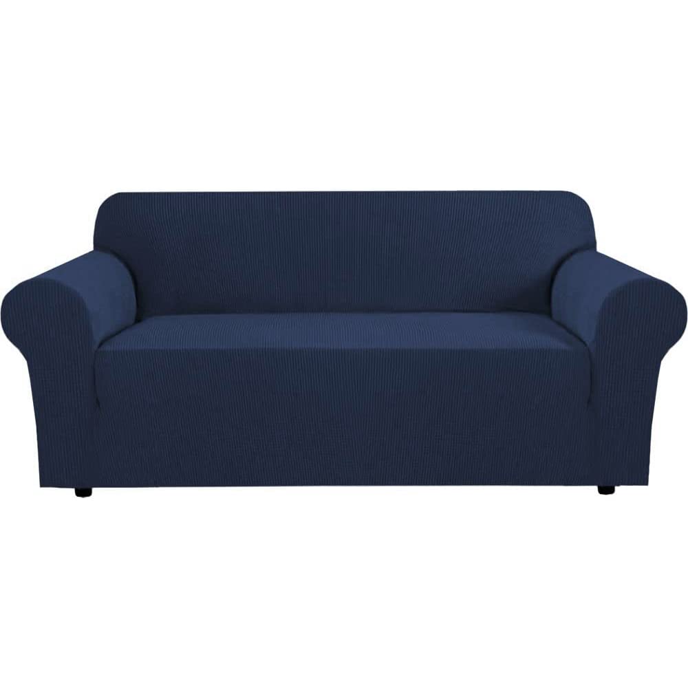 H.VERSAILTEX Stretch Couch Cover Loveseat Covers for 2 Cushion Couch Sofa Slipcover for Love Seat 1 Piece with Elastic Bottom, Checked Jacquard Fabric, Loveseat 58"-70" Wide, Butter Cream