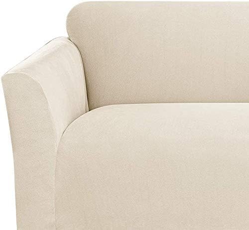 SureFit Form Fit Stretch Morgan Loveseat Slipcover - One Piece Polyester/Spandex Elastic Slipcover, Machine Washable (Loveseat Box Cushion, Ivory Color)