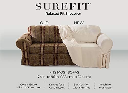 SureFit Home Décor Soft Suede Box Cushion Loveseat One Piece Slipcover, Relaxed Fit, Polyester, Machine Washable, Chocolate Color