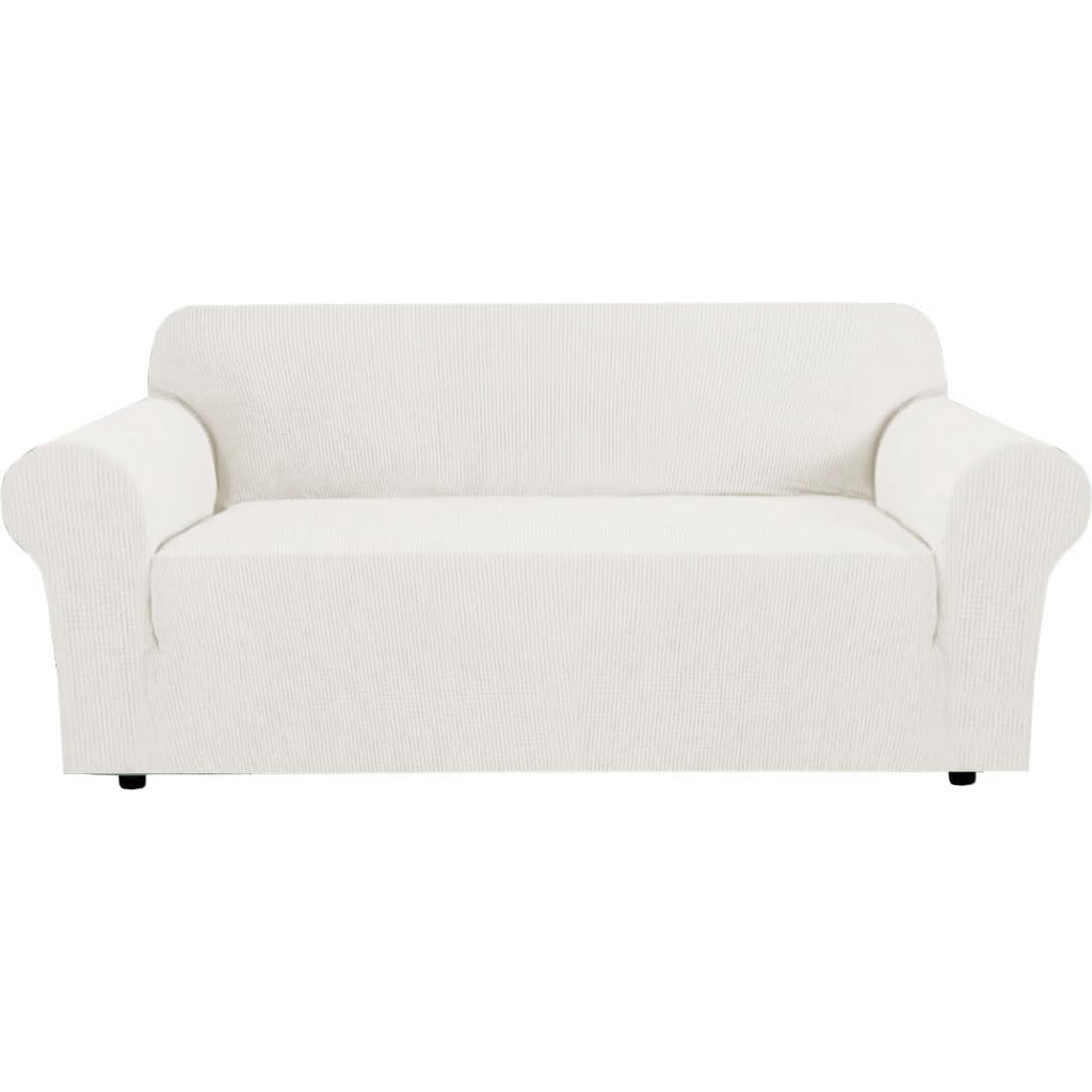 H.VERSAILTEX Stretch Couch Cover Loveseat Covers for 2 Cushion Couch Sofa Slipcover for Love Seat 1 Piece with Elastic Bottom, Checked Jacquard Fabric, Loveseat 58"-70" Wide, Butter Cream