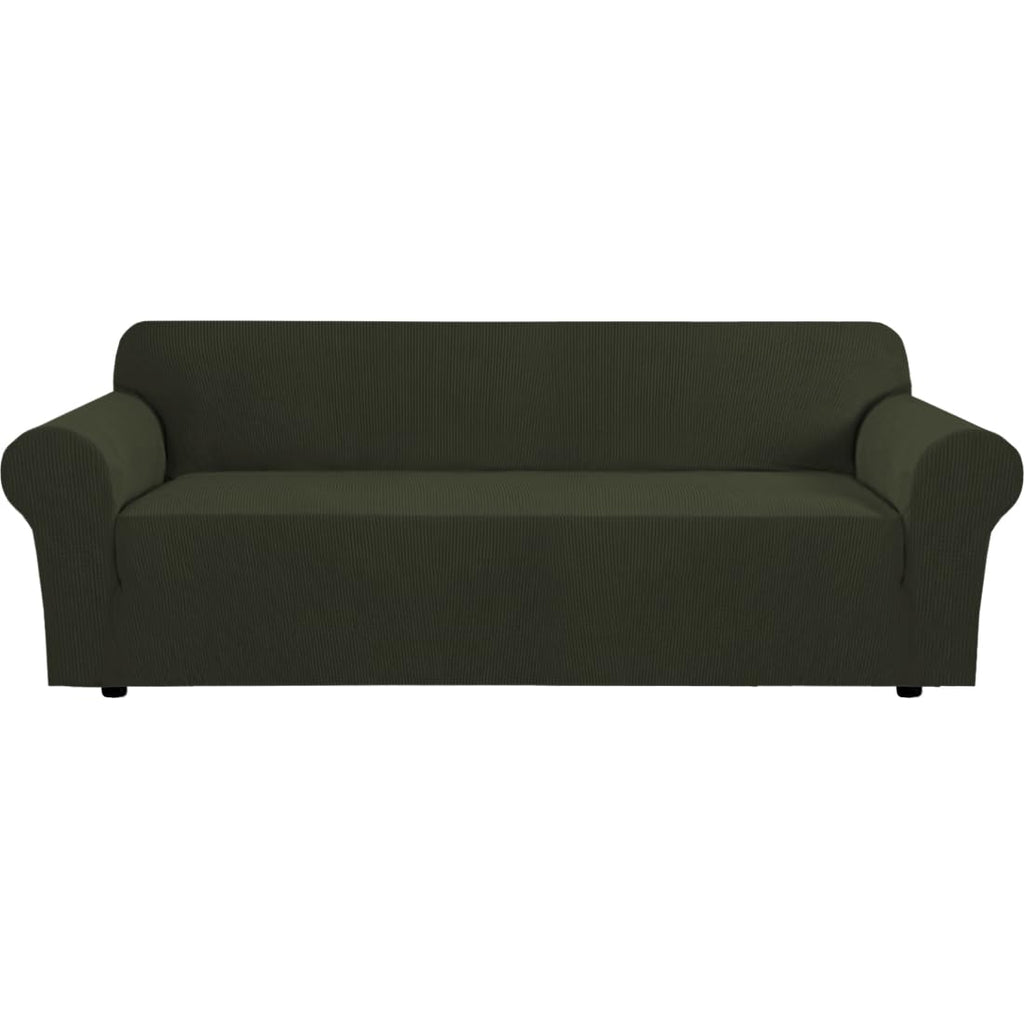 H.VERSAILTEX Stretch Couch Cover Loveseat Covers for 2 Cushion Couch Sofa Slipcover for Love Seat 1 Piece with Elastic Bottom, Checked Jacquard Fabric, Loveseat 58"-70" Wide, Butter Cream