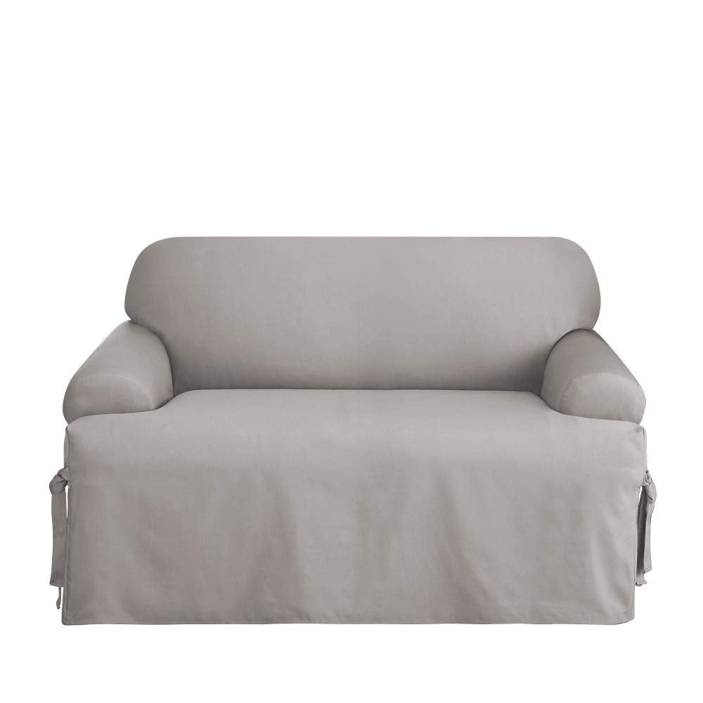 SureFit Cotton Duck Loveseat Box Cushion One Piece Slipcover, Furniture Cover, Relaxed Woven Fit, 100% Cotton, Machine Washable, Gray