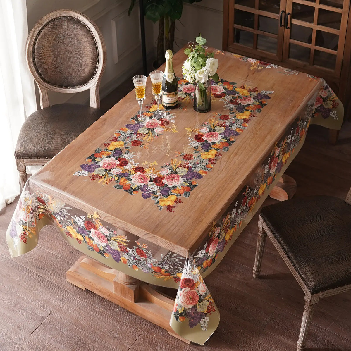 Artbloss 1-Piece Decorative Vinyl PVC Rectangle Table Cover Protector, Spill-Safe Synthetic Plastic Tablecloth, Oil-Proof for Dining Room Dining Tables, Party Use with Artificial Flowers Compatibility