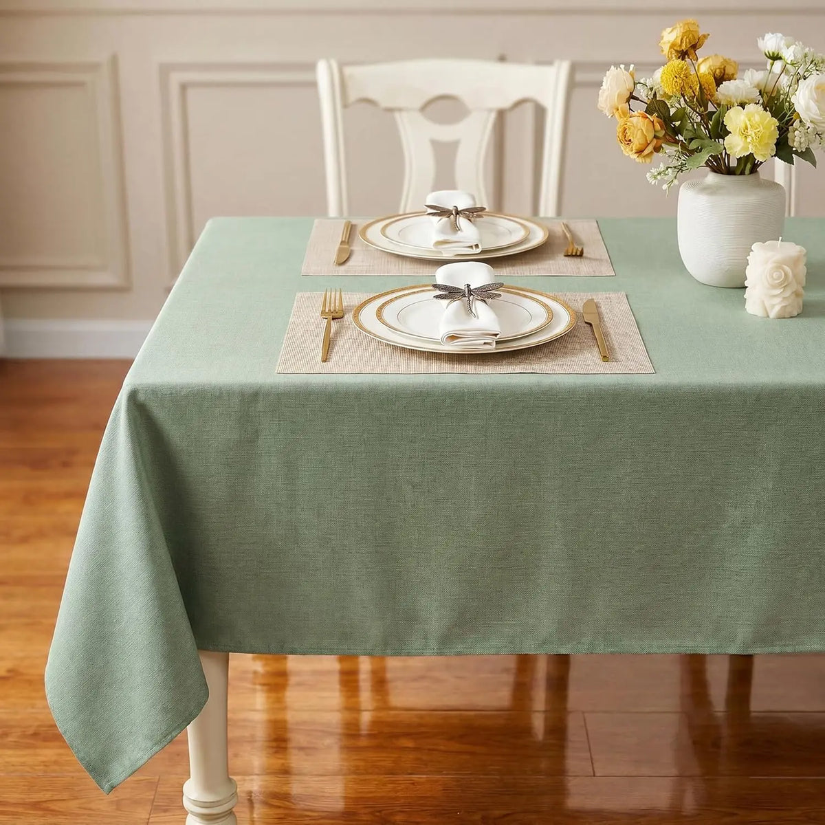 Polyester Rectangle Tablecloth - Sage Green, 60x104 in, Wrinkle-Free, Wipe-Clean, Waterproof, Machine Washable, Solid Textured Dining Cover for Party, Spring Wedding Kitchen Decor