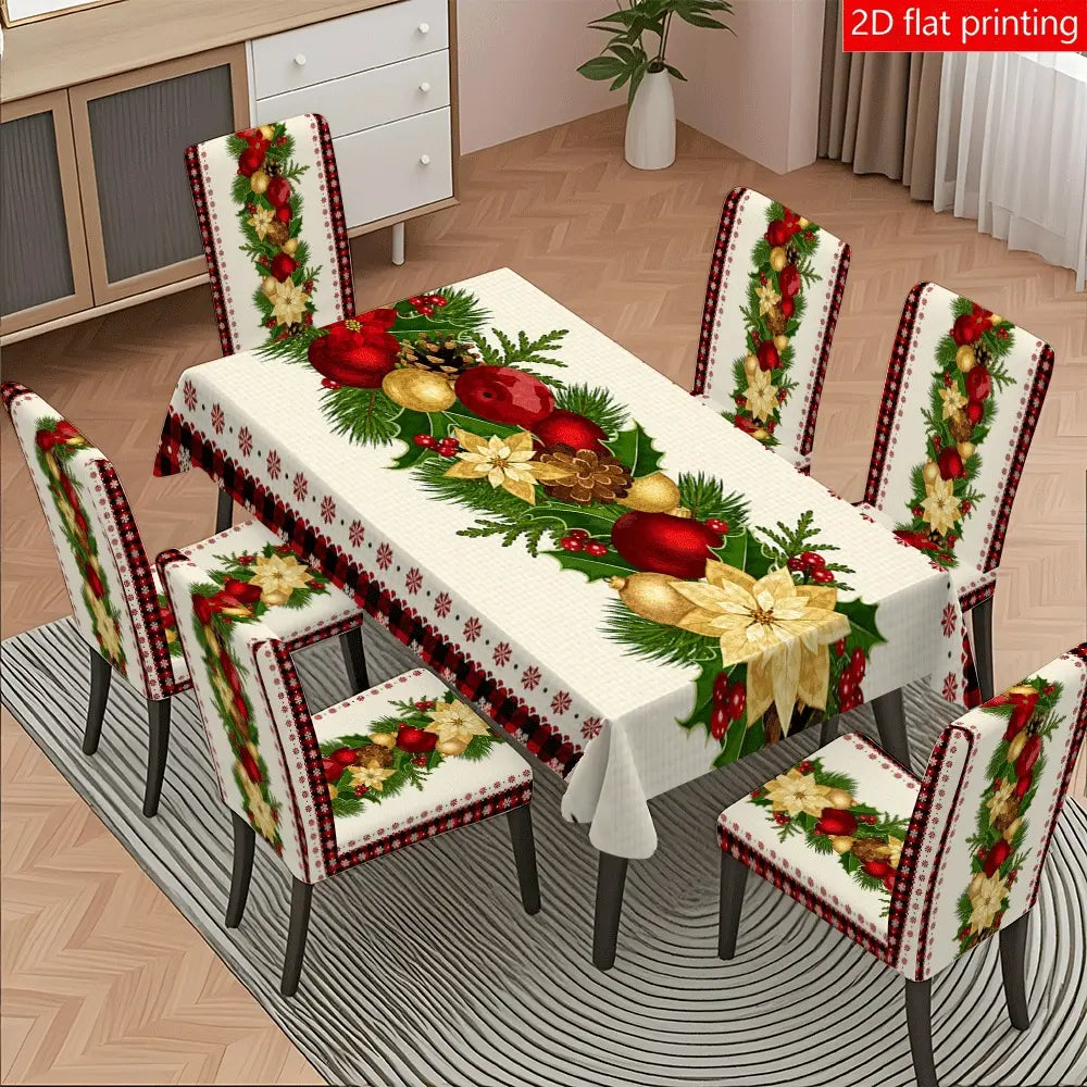 5PCS/7PCS Christmas Pinecone Crimson Tablecloth Chair Cover Set (1 tablecloth+4/6 chair covers) 140*210cm tablecloth, easy to disassemble and wash, suitable for home decoration, Home Party Decorations, camping, weddings, hotels
