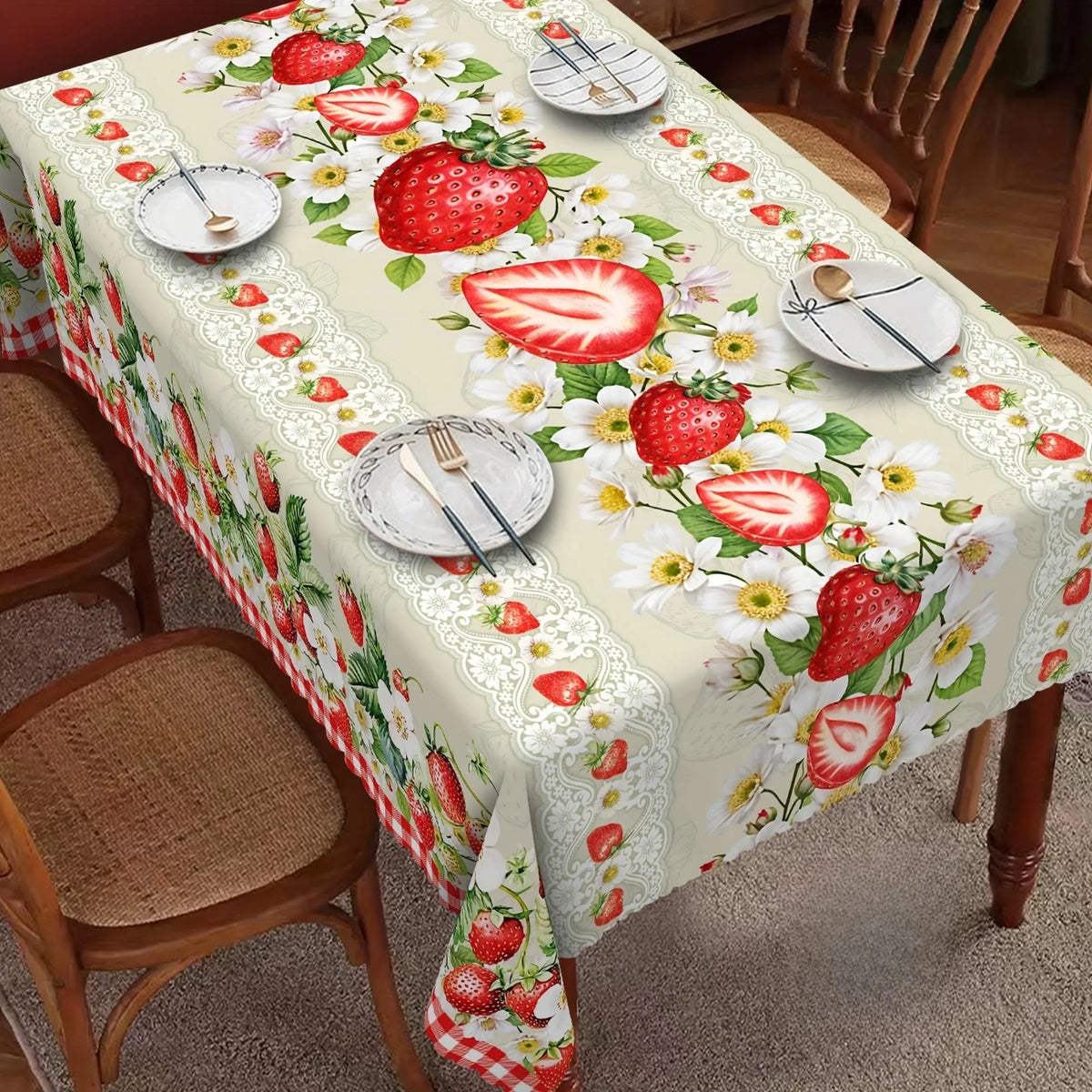 1 piece, strawberry-themed tablecloth, strawberry flower mesh design, country style rectangular tablecloth, spring and summer decoration, Home party decorations, kitchen accessory, indoor and outdoor decoration