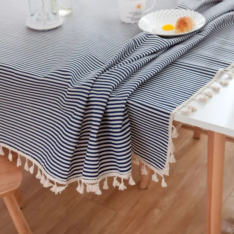 Nordic striped dining tablecloth for picnics and outings, navy blue, fresh and simple, rectangular tablecloth, ins-style coffee table cloth