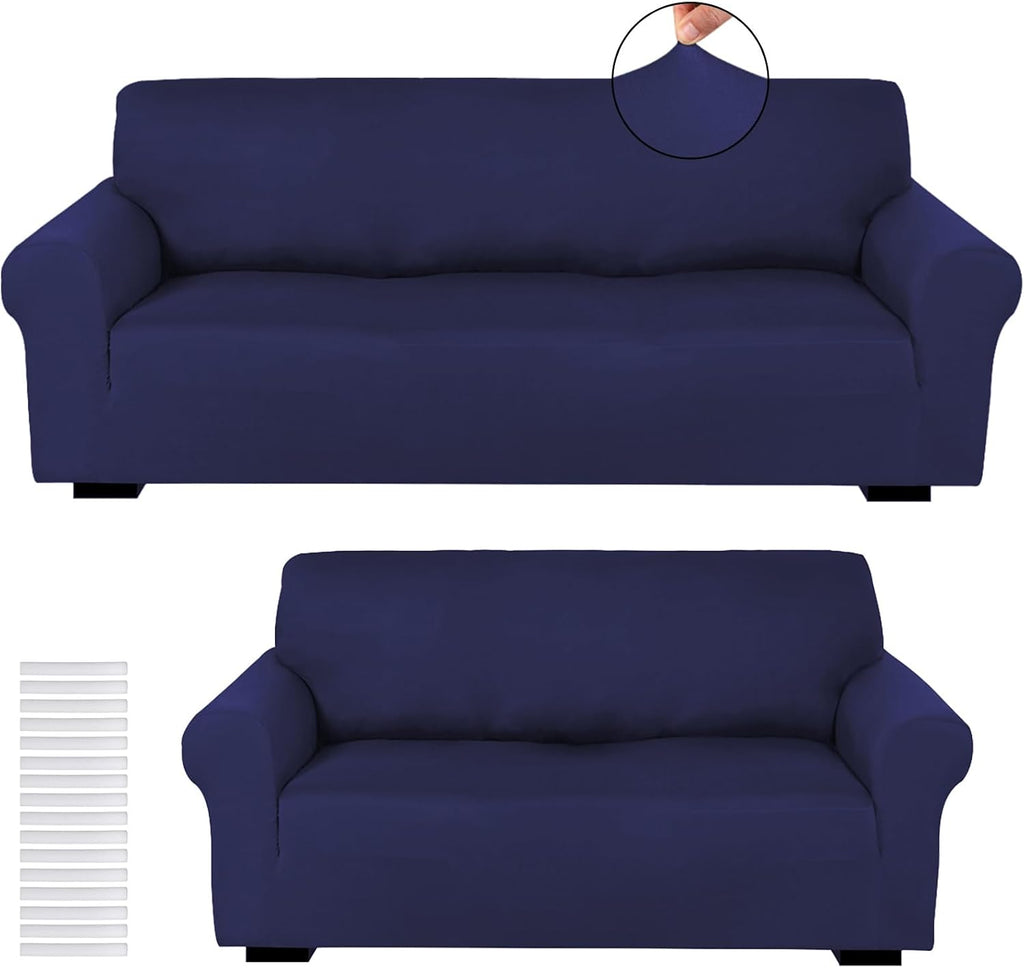 Peryiter 2 Pcs Couch and Loveseat Sofa Covers,Navy Blue,Milk Silk