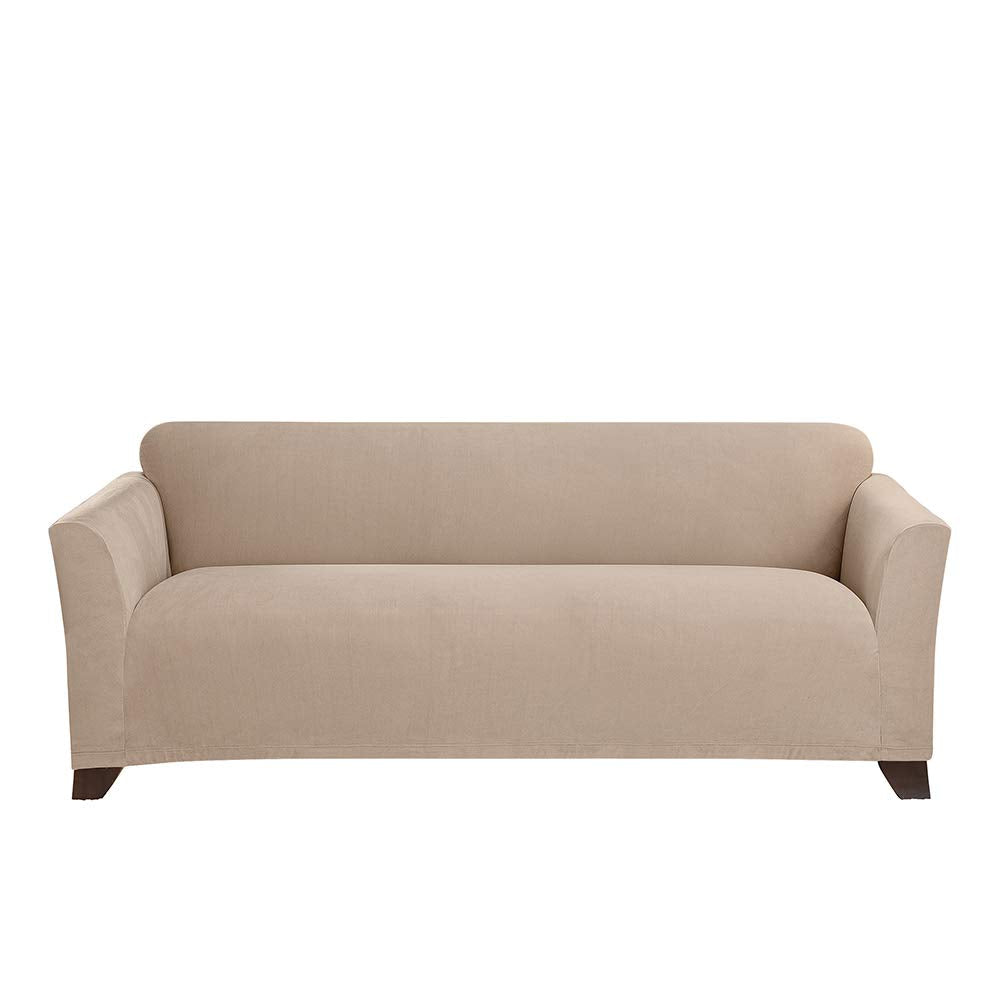SureFit Form Fit Stretch Morgan Loveseat Slipcover - One Piece Polyester/Spandex Elastic Slipcover, Machine Washable (Loveseat Box Cushion, Ivory Color)