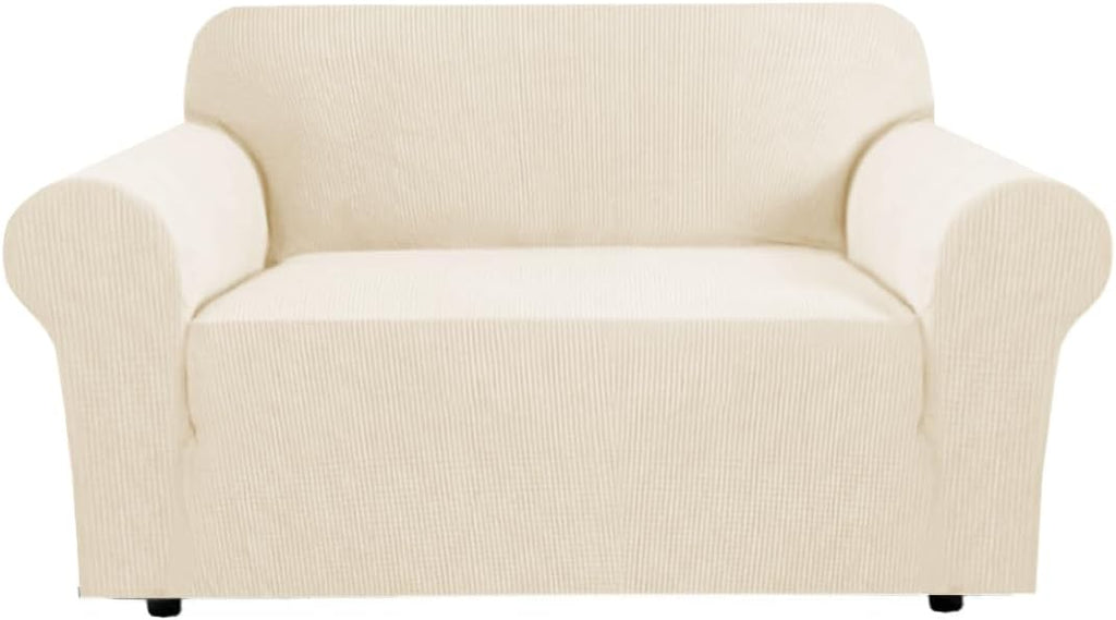 H.VERSAILTEX Stretch Couch Cover Loveseat Covers for 2 Cushion Couch Sofa Slipcover for Love Seat 1 Piece with Elastic Bottom, Checked Jacquard Fabric, Loveseat 58"-70" Wide, Butter Cream