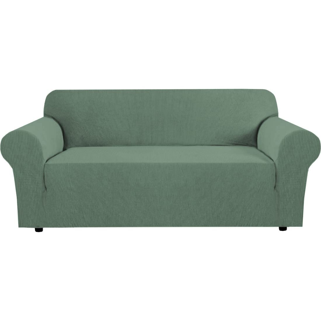 H.VERSAILTEX Stretch Couch Cover Loveseat Covers for 2 Cushion Couch Sofa Slipcover for Love Seat 1 Piece with Elastic Bottom, Checked Jacquard Fabric, Loveseat 58"-70" Wide, Butter Cream