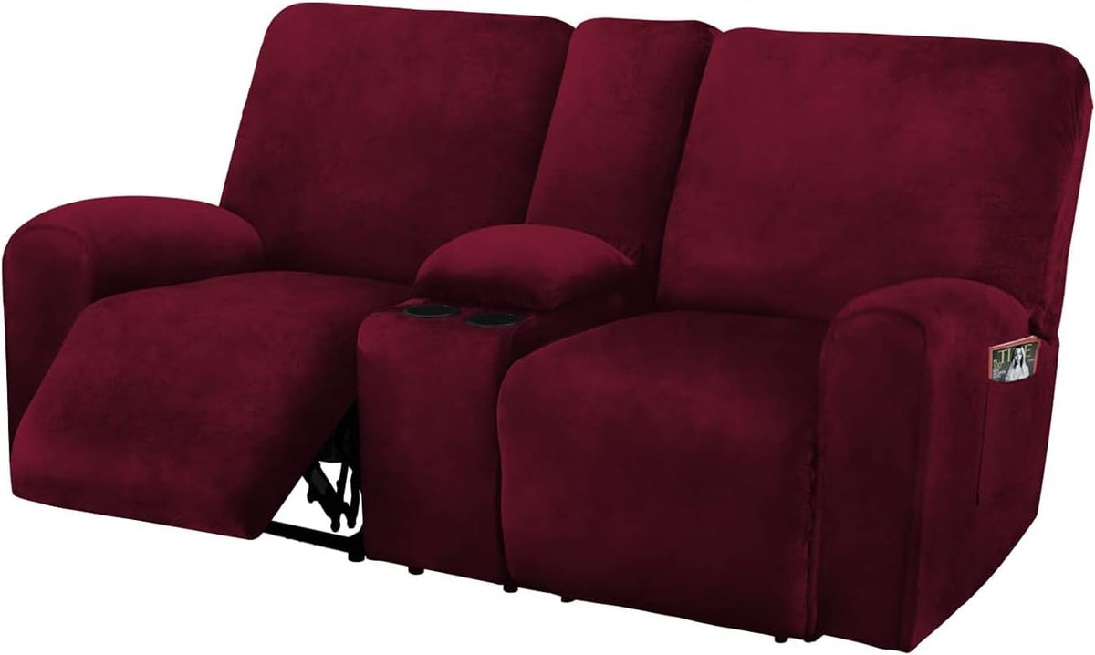 ULTICOR Reclining Loveseat with Middle Console Slipcover, 8-Piece Velvet Stretch Sofa Covers, 2 seat Loveseat Recliner Cover, Thick, Soft, Washable(Dark Grey)