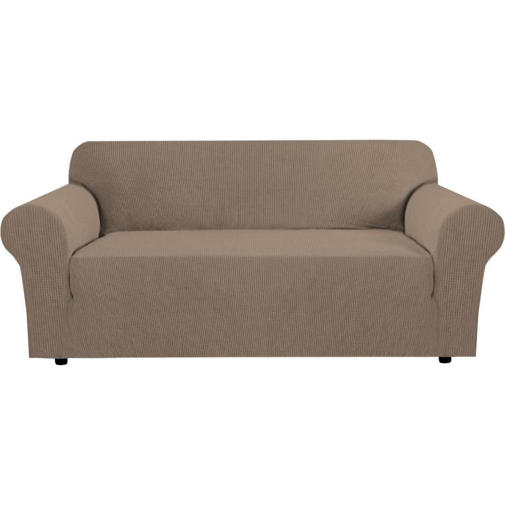 H.VERSAILTEX Stretch Couch Cover Loveseat Covers for 2 Cushion Couch Sofa Slipcover for Love Seat 1 Piece with Elastic Bottom, Checked Jacquard Fabric, Loveseat 58"-70" Wide, Butter Cream