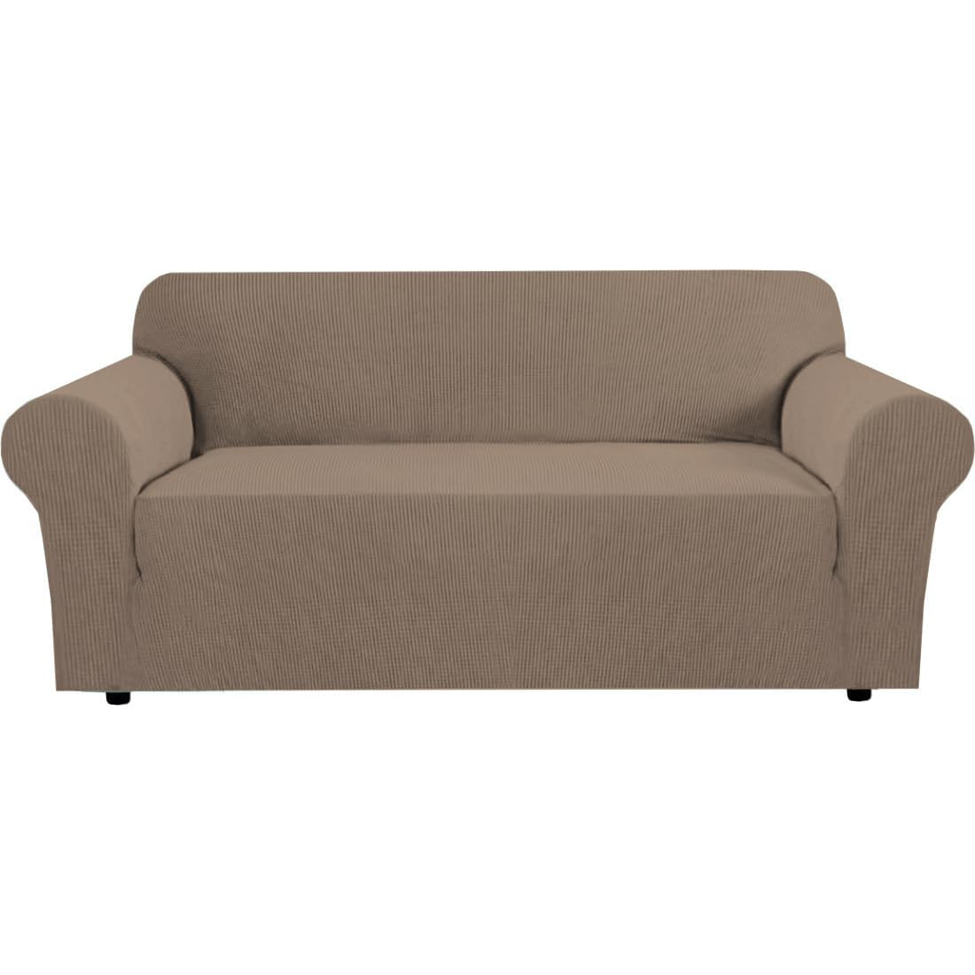 H.VERSAILTEX Stretch Couch Cover Loveseat Covers for 2 Cushion Couch Sofa Slipcover for Love Seat 1 Piece with Elastic Bottom, Checked Jacquard Fabric, Loveseat 58"-70" Wide, Butter Cream