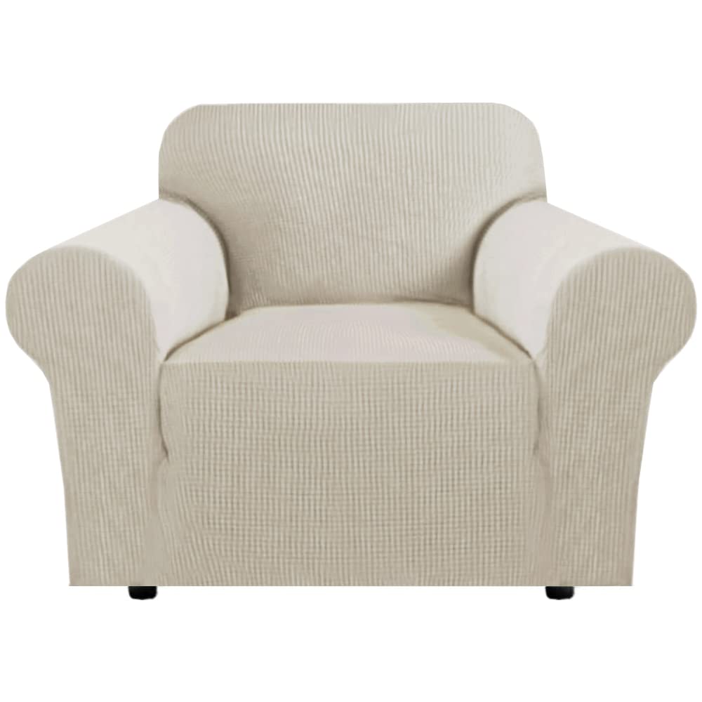 H.VERSAILTEX Stretch Couch Cover Loveseat Covers for 2 Cushion Couch Sofa Slipcover for Love Seat 1 Piece with Elastic Bottom, Checked Jacquard Fabric, Loveseat 58"-70" Wide, Butter Cream