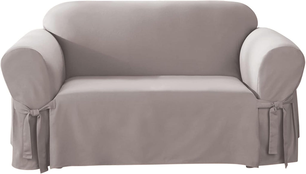 SureFit Cotton Duck Loveseat Box Cushion One Piece Slipcover, Furniture Cover, Relaxed Woven Fit, 100% Cotton, Machine Washable, Gray