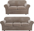 H.VERSAILTEX 4 Pieces Velvet Plush Sofa Slipcover Bundle 3 Pieces Velvet Plush Loveseat Cover, Taupe