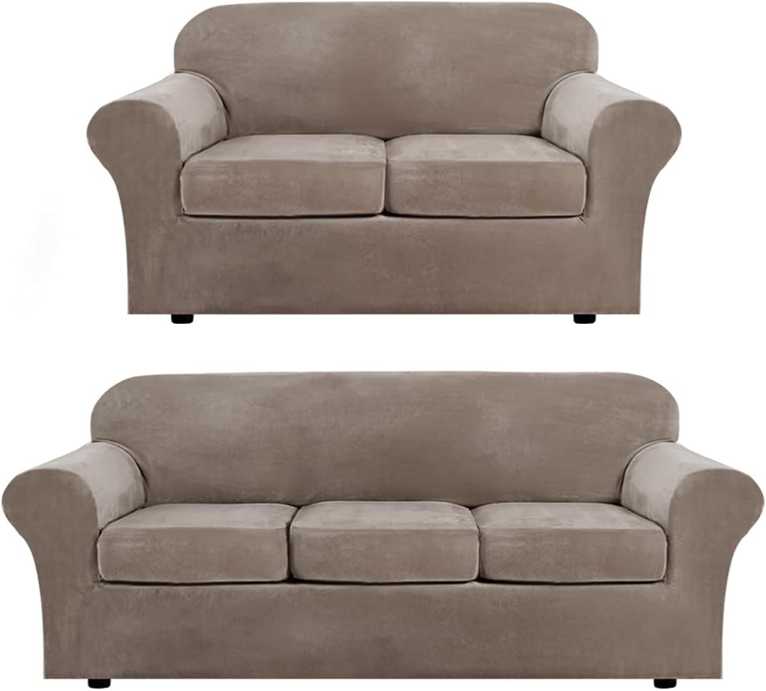 H.VERSAILTEX 4 Pieces Velvet Plush Sofa Slipcover Bundle 3 Pieces Velvet Plush Loveseat Cover, Taupe