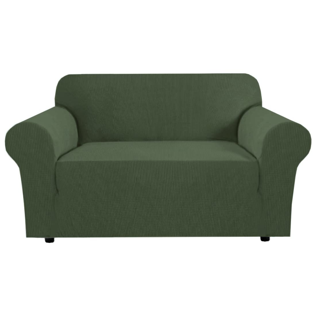 H.VERSAILTEX Stretch Couch Cover Loveseat Covers for 2 Cushion Couch Sofa Slipcover for Love Seat 1 Piece with Elastic Bottom, Checked Jacquard Fabric, Loveseat 58"-70" Wide, Butter Cream