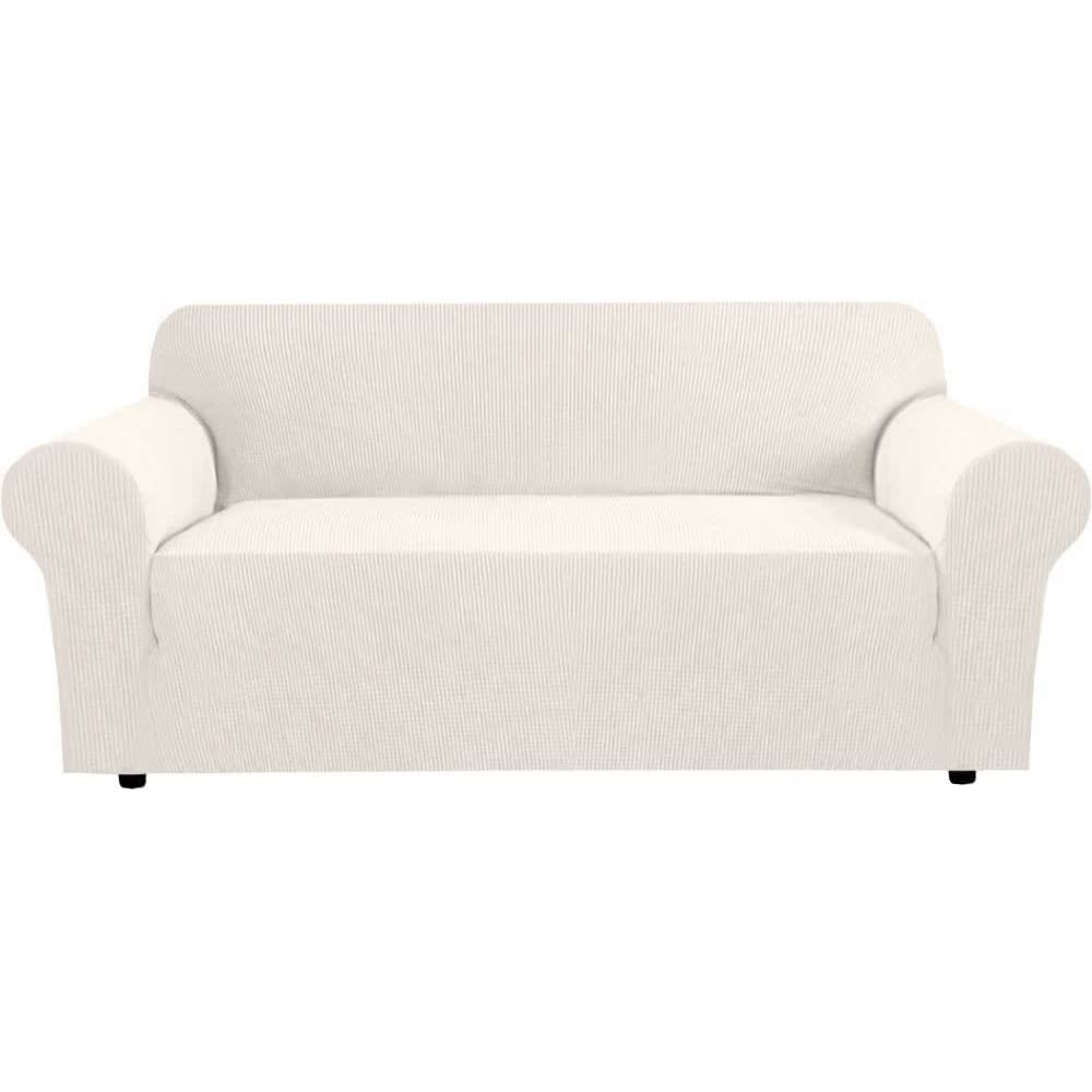 H.VERSAILTEX Stretch Couch Cover Loveseat Covers for 2 Cushion Couch Sofa Slipcover for Love Seat 1 Piece with Elastic Bottom, Checked Jacquard Fabric, Loveseat 58"-70" Wide, Butter Cream