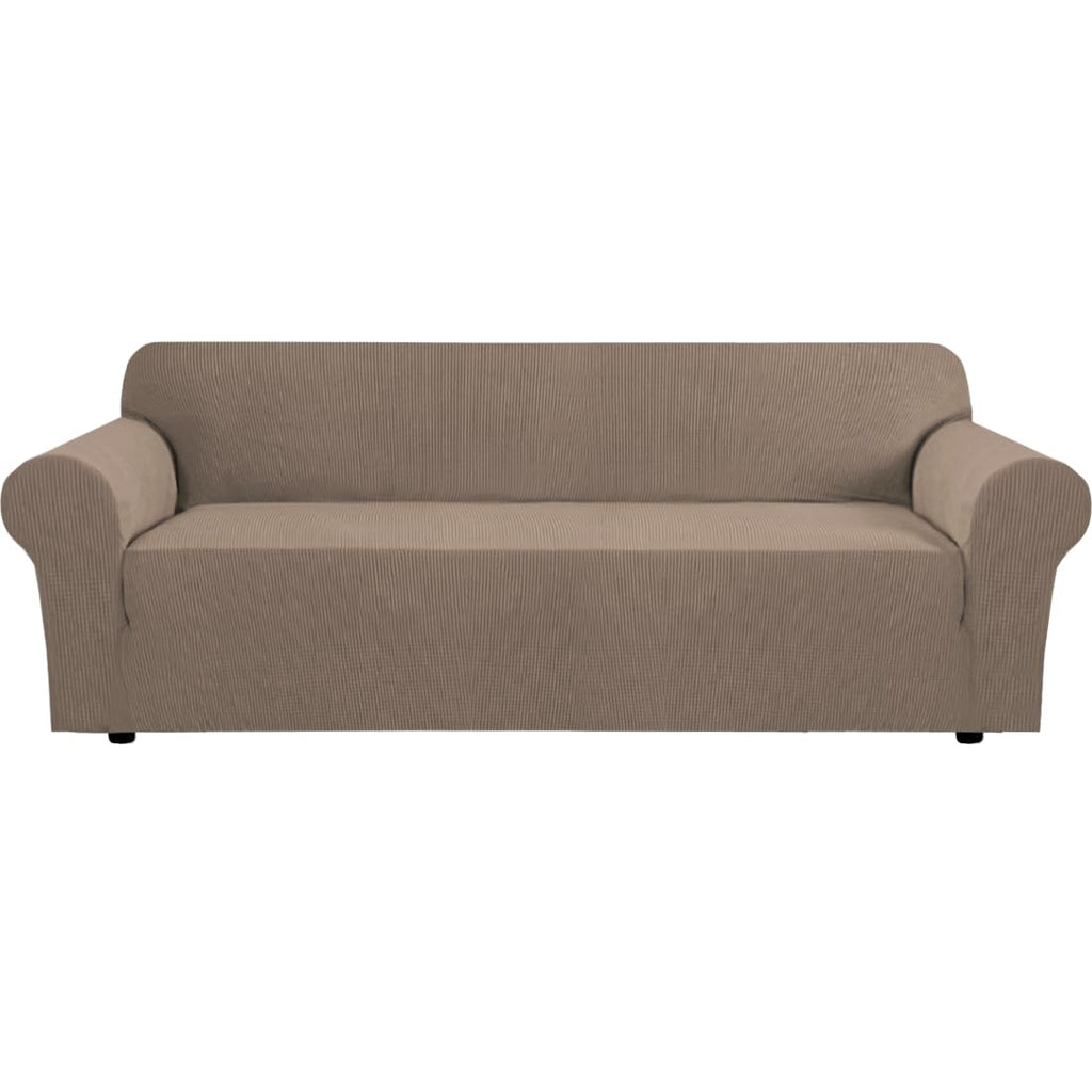 H.VERSAILTEX Stretch Couch Cover Loveseat Covers for 2 Cushion Couch Sofa Slipcover for Love Seat 1 Piece with Elastic Bottom, Checked Jacquard Fabric, Loveseat 58"-70" Wide, Butter Cream