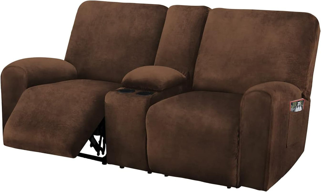 ULTICOR Reclining Loveseat with Middle Console Slipcover, 8-Piece Velvet Stretch Sofa Covers, 2 seat Loveseat Recliner Cover, Thick, Soft, Washable(Dark Grey)