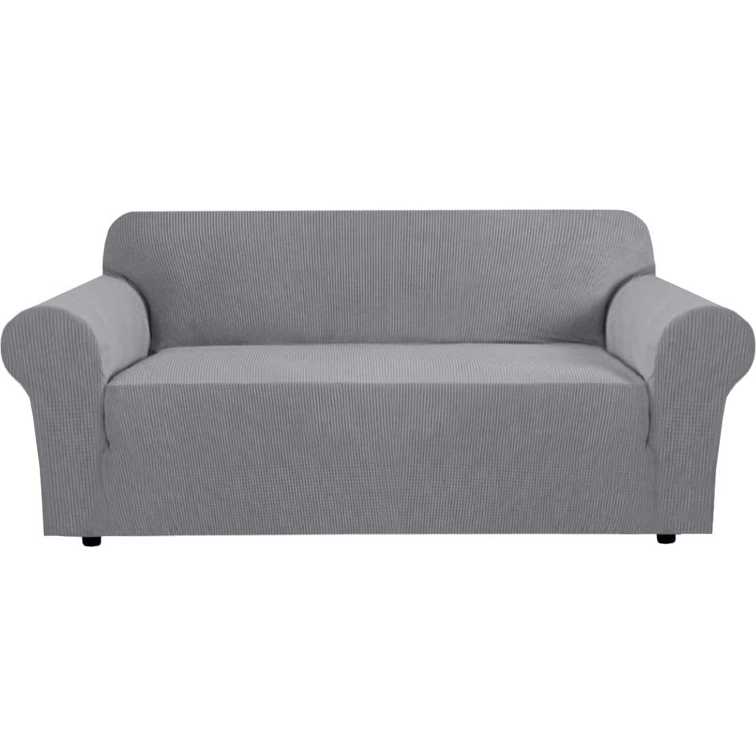 H.VERSAILTEX Stretch Couch Cover Loveseat Covers for 2 Cushion Couch Sofa Slipcover for Love Seat 1 Piece with Elastic Bottom, Checked Jacquard Fabric, Loveseat 58"-70" Wide, Butter Cream