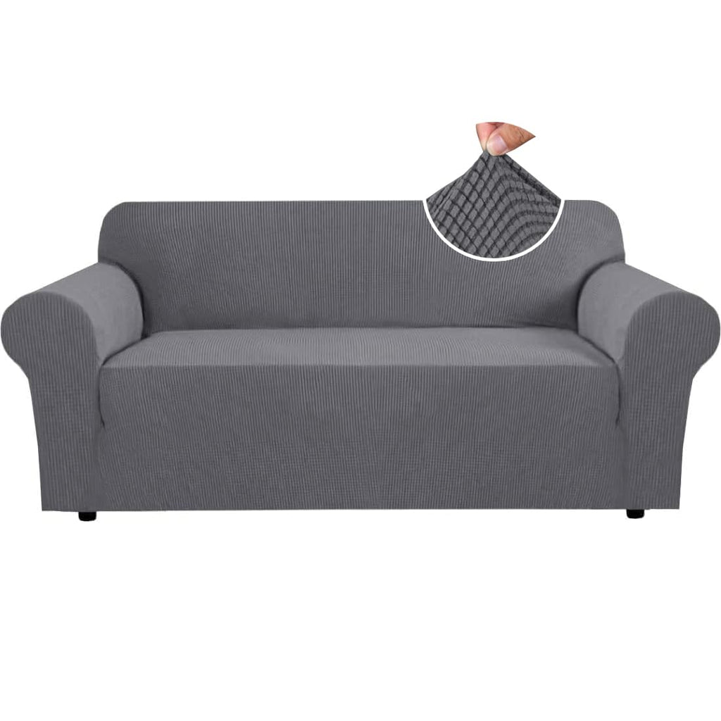 H.VERSAILTEX Stretch Couch Cover Loveseat Covers for 2 Cushion Couch Sofa Slipcover for Love Seat 1 Piece with Elastic Bottom, Checked Jacquard Fabric, Loveseat 58"-70" Wide, Butter Cream