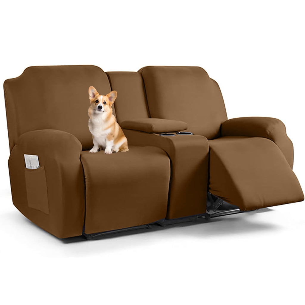 Stretch Recliner Loveseat Chair Cover with Console,7-Piece Velvet Stretch Loveseat Reclining Cover Sofa Covers,Furniture Protective Covers for Children and Pets, Beige