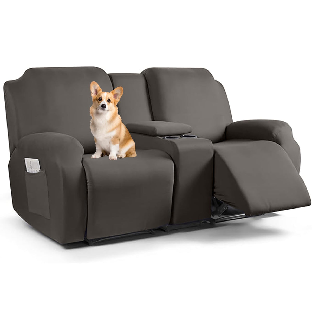 Stretch Recliner Loveseat Chair Cover with Console,7-Piece Velvet Stretch Loveseat Reclining Cover Sofa Covers,Furniture Protective Covers for Children and Pets, Beige