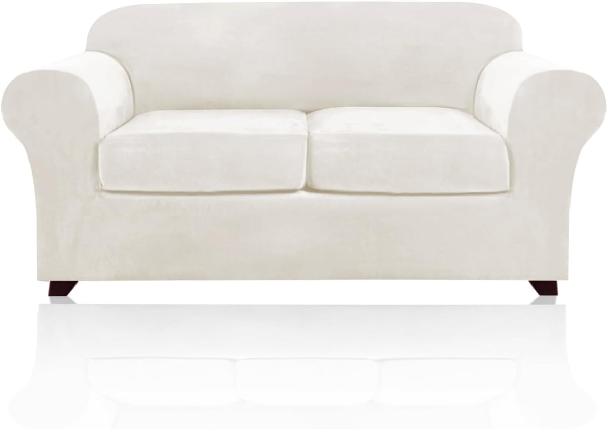 PrinceDeco Velvet Couch Cover Loveseat Covers for 2 Cushion Couch 3 Piece Sofa Covers for Dogs Washable Loveseat Covers Width Up to 72 Inch No Slip Stretch Sofa Slipcover(Medium, Porcelain)
