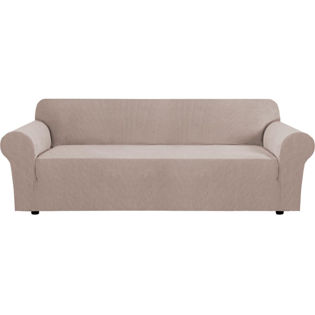 H.VERSAILTEX Stretch Couch Cover Loveseat Covers for 2 Cushion Couch Sofa Slipcover for Love Seat 1 Piece with Elastic Bottom, Checked Jacquard Fabric, Loveseat 58"-70" Wide, Butter Cream