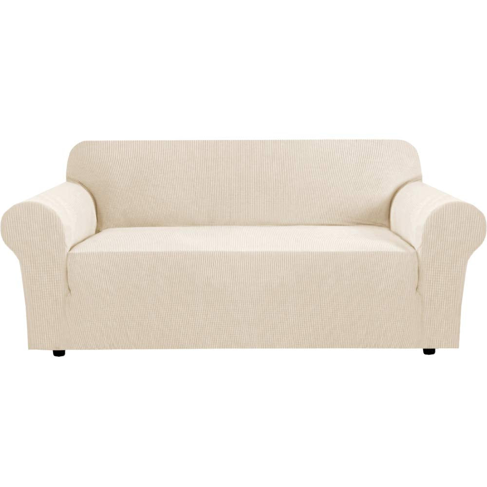 H.VERSAILTEX Stretch Couch Cover Loveseat Covers for 2 Cushion Couch Sofa Slipcover for Love Seat 1 Piece with Elastic Bottom, Checked Jacquard Fabric, Loveseat 58"-70" Wide, Butter Cream