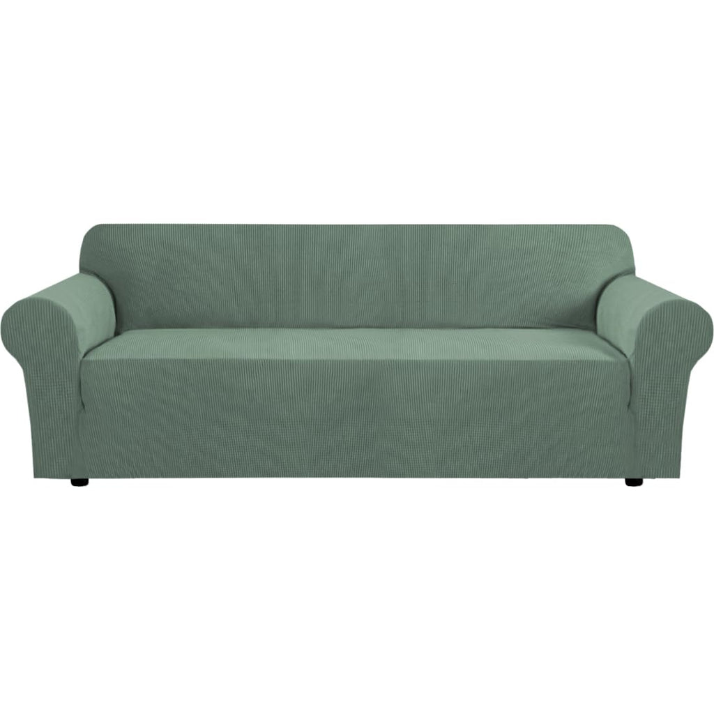 H.VERSAILTEX Stretch Couch Cover Loveseat Covers for 2 Cushion Couch Sofa Slipcover for Love Seat 1 Piece with Elastic Bottom, Checked Jacquard Fabric, Loveseat 58"-70" Wide, Butter Cream