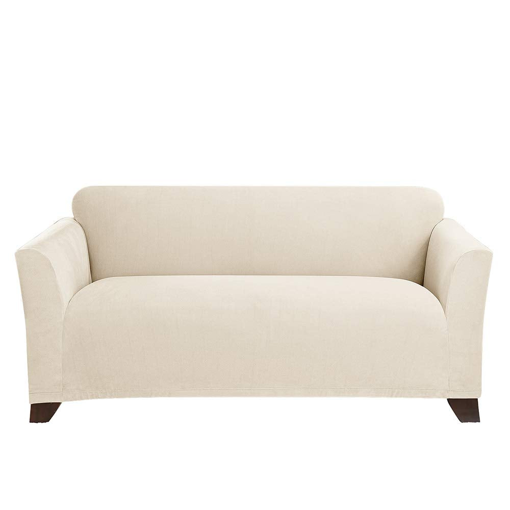 SureFit Form Fit Stretch Morgan Loveseat Slipcover - One Piece Polyester/Spandex Elastic Slipcover, Machine Washable (Loveseat Box Cushion, Ivory Color)
