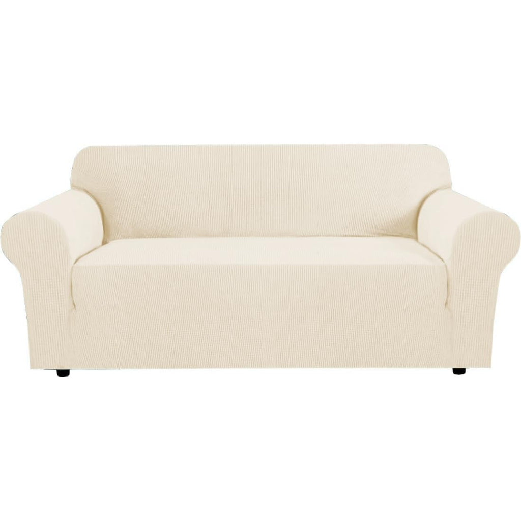 H.VERSAILTEX Stretch Couch Cover Loveseat Covers for 2 Cushion Couch Sofa Slipcover for Love Seat 1 Piece with Elastic Bottom, Checked Jacquard Fabric, Loveseat 58"-70" Wide, Butter Cream