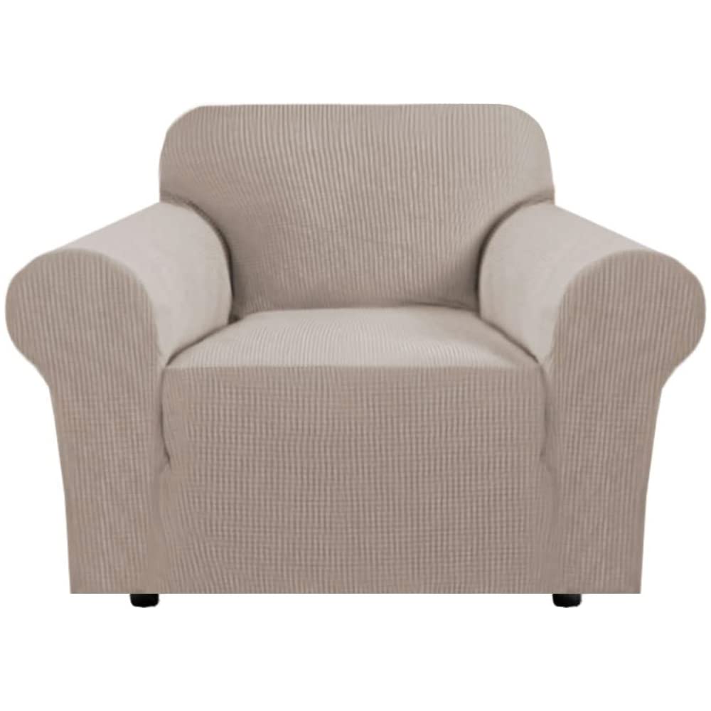 H.VERSAILTEX Stretch Couch Cover Loveseat Covers for 2 Cushion Couch Sofa Slipcover for Love Seat 1 Piece with Elastic Bottom, Checked Jacquard Fabric, Loveseat 58"-70" Wide, Butter Cream